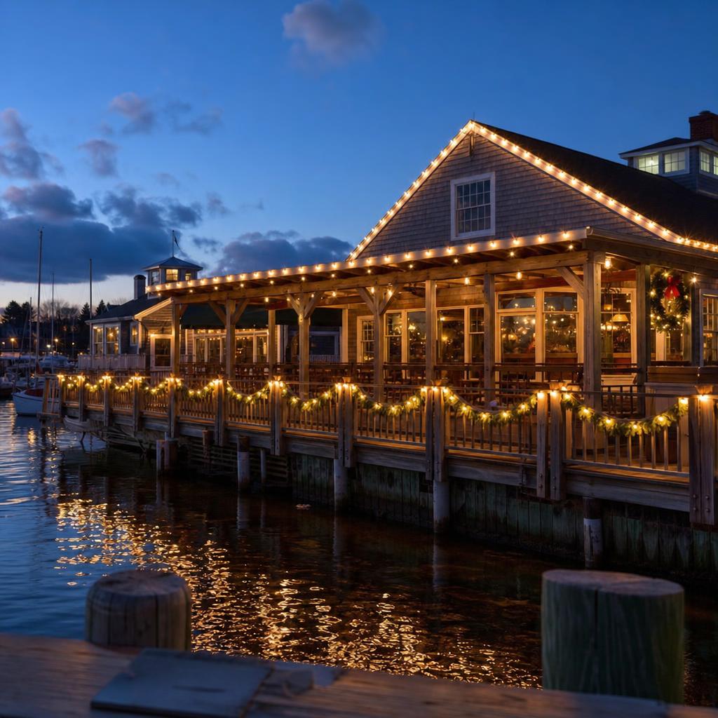 Illustration of a dockside restaurant with warm Christmas lights on its railings at dusk
