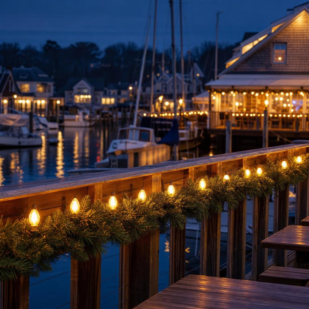 Illustration of Christmas bulbs along a dockside restaurant railing